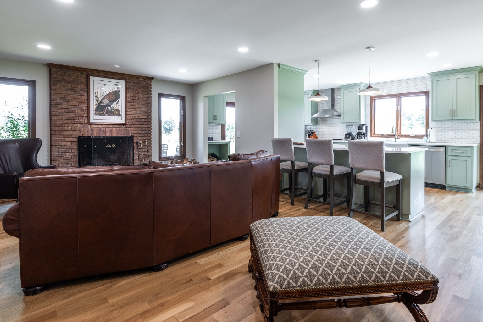Renovated living room and kitchen inside the Dunlap House