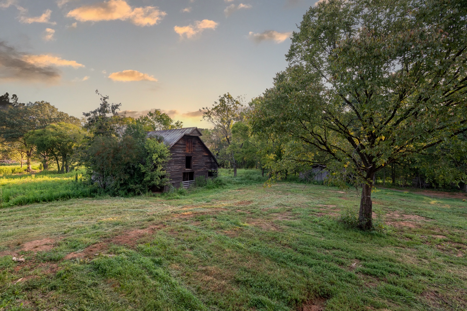 A historic timber barn among trees at sunset